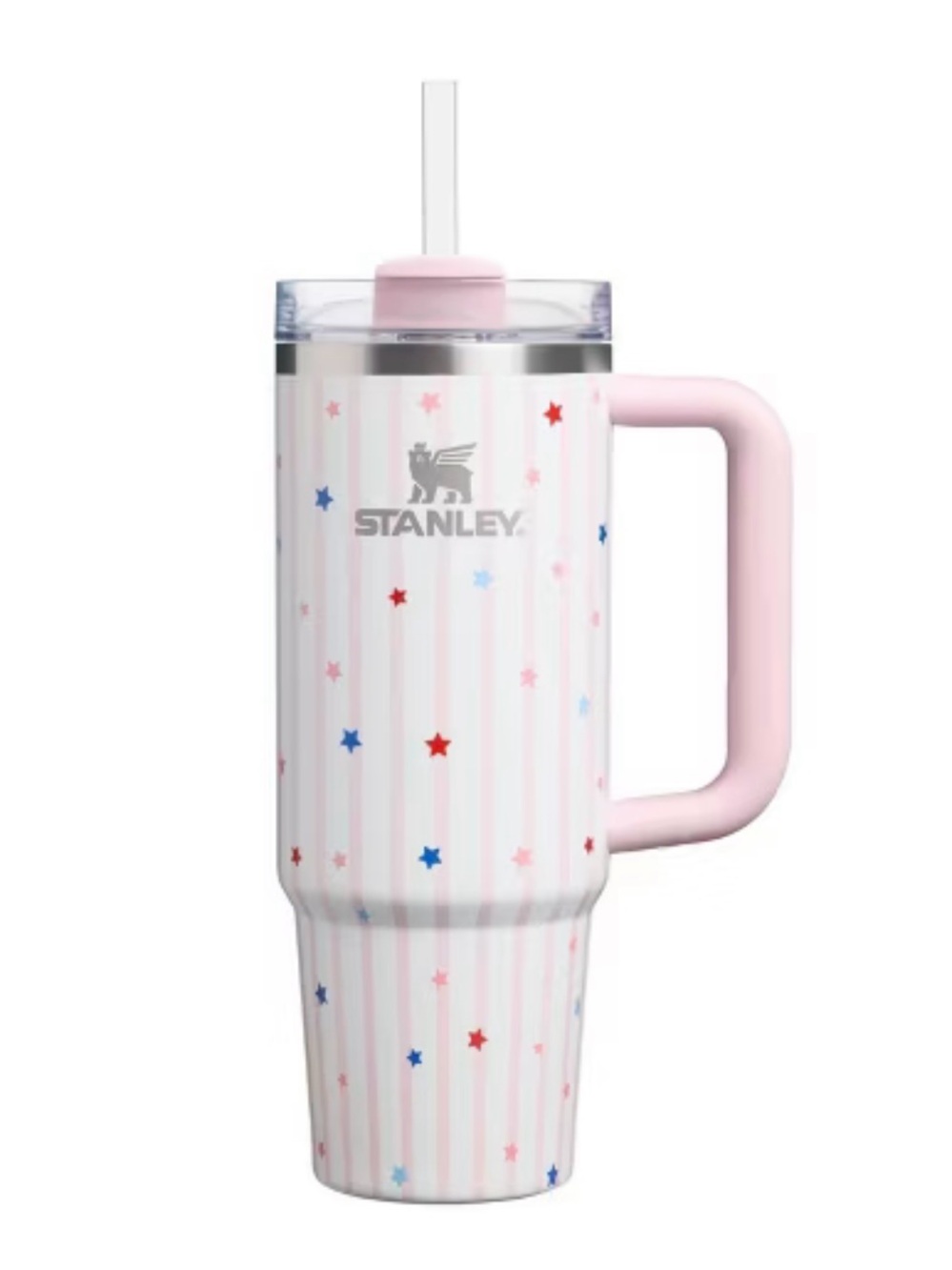 Stanley Pink and White Star-Patterned Travel Tumbler with Handle 30 oz